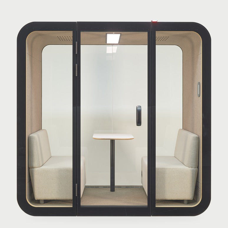 NUMO Meet four-person office meeting pod in black with two sofas and table | Chair Dinkum Australia