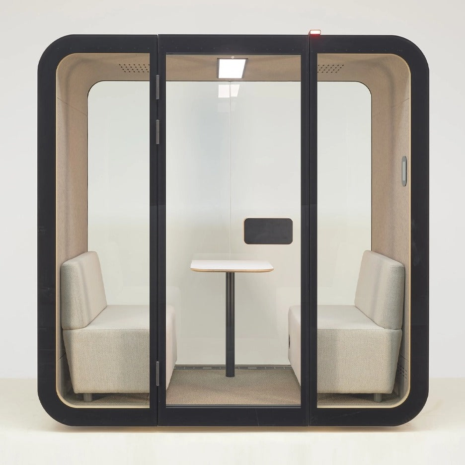 NUMO Meet office meeting pod in black, front view with three-panel glass front | Chair Dinkum Australia