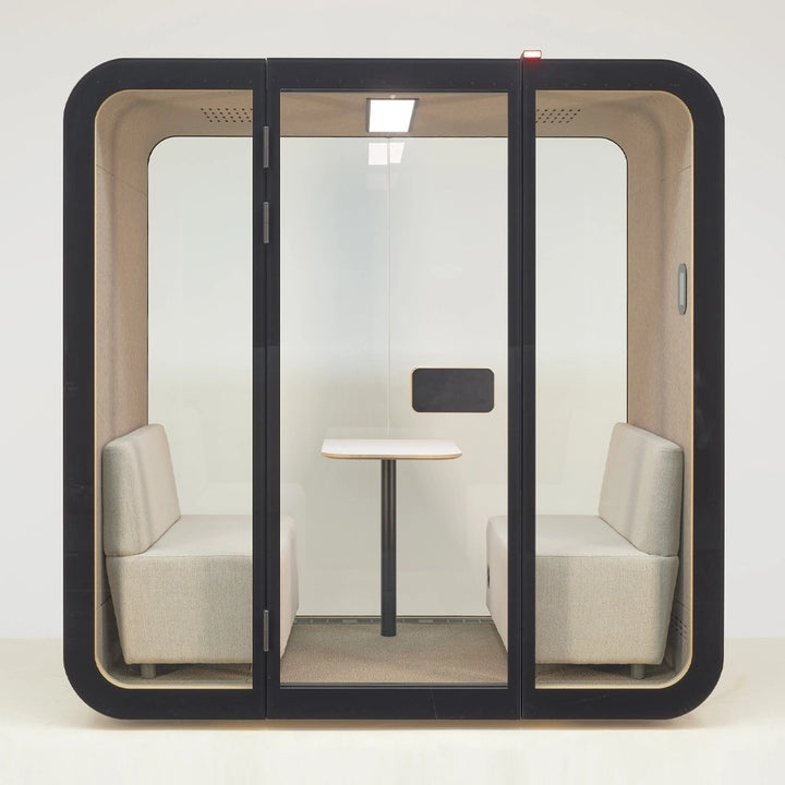 NUMO Meet office meeting pod in black, front view with three-panel glass front | Chair Dinkum Australia