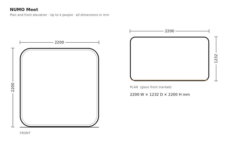 NUMO Meet meeting pod dimensions, plan and front elevation in mm | Chair Dinkum Australia