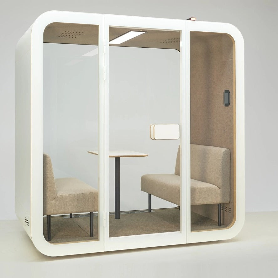 NUMO Meet office meeting pod in white, angled view with facing sofas | Chair Dinkum Australia