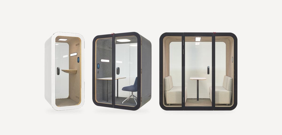NUMO office pod range: NUMO Call phone booth in white, NUMO Focus work pod and NUMO Meet meeting pod in black