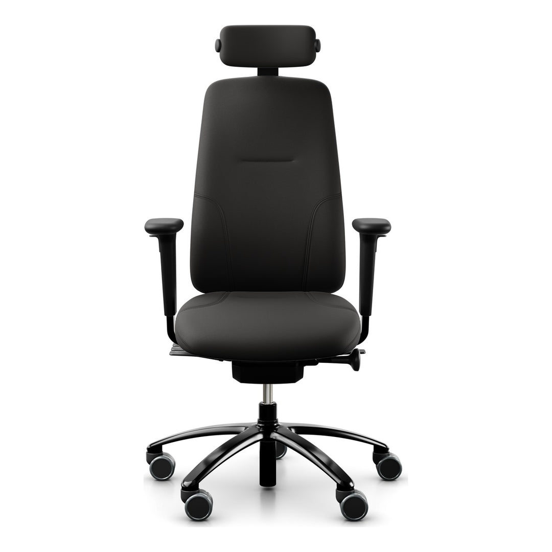 RH Logic 220 in black leather with neckrest, armrests and black base, front three-quarter view - Chair Dinkum Australia