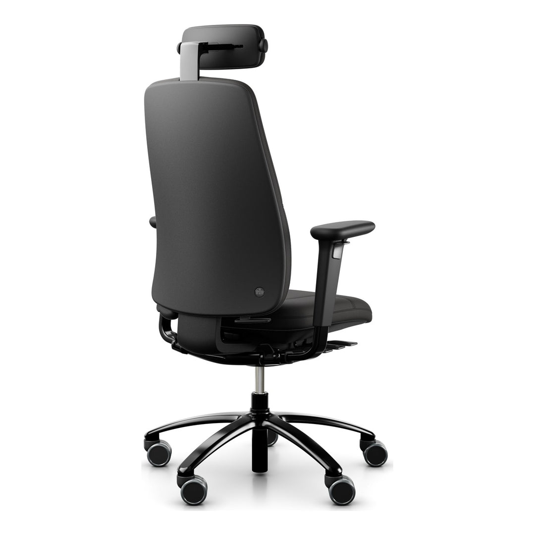 RH Logic 220 in black leather with neckrest, armrests and black base, rear three-quarter view - Chair Dinkum Australia