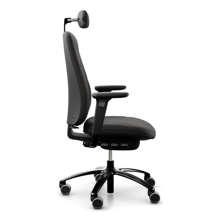 RH Logic 220 in black leather with neckrest, armrests and black base, side view - Chair Dinkum Australia