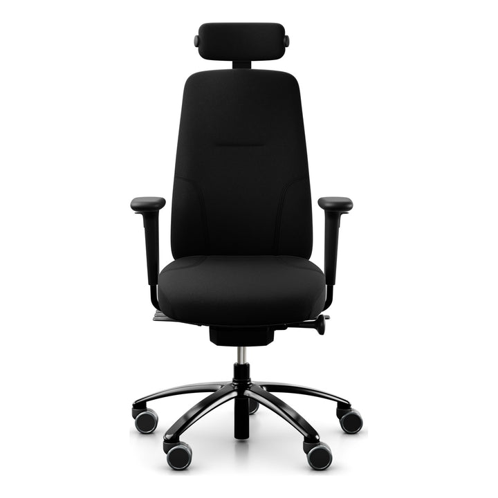 RH Logic 220 Elite in black 24/7 fabric with neckrest and armrests, front three-quarter view - Chair Dinkum Australia
