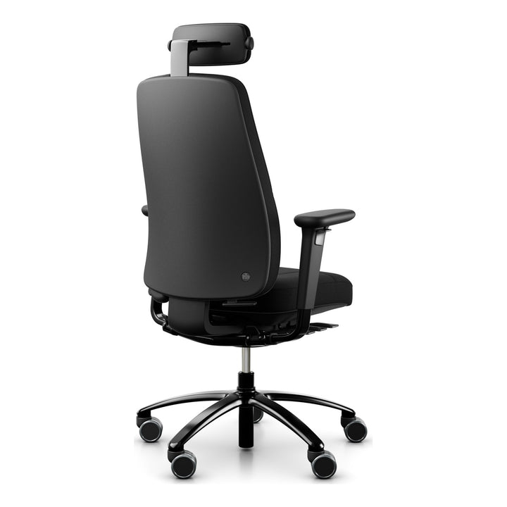 RH Logic 220 Elite in black 24/7 fabric with neckrest and armrests, rear three-quarter view - Chair Dinkum Australia