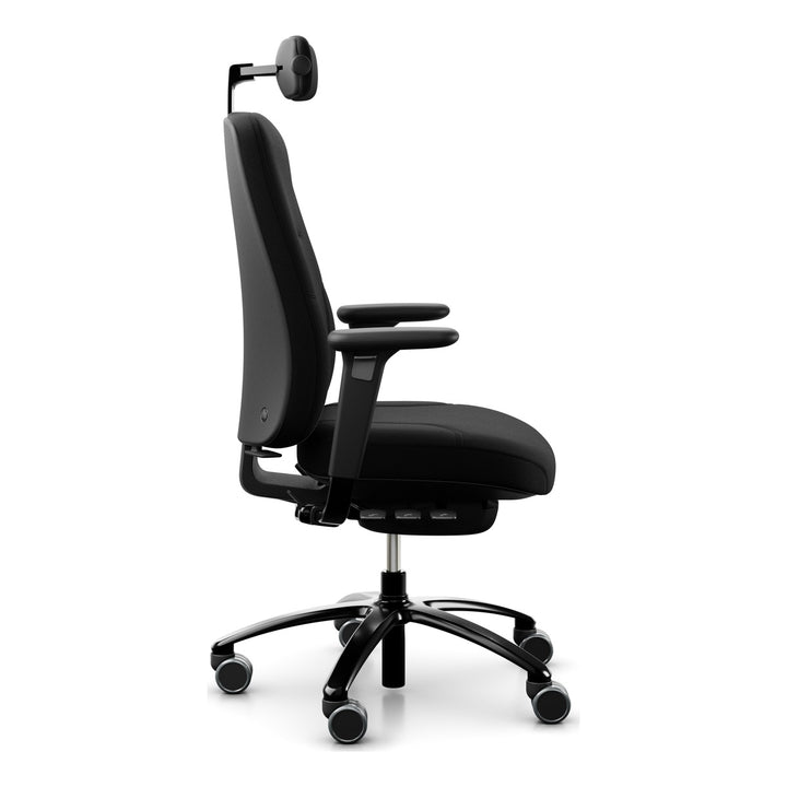 RH Logic 220 Elite in black 24/7 fabric with neckrest and armrests, side view - Chair Dinkum Australia