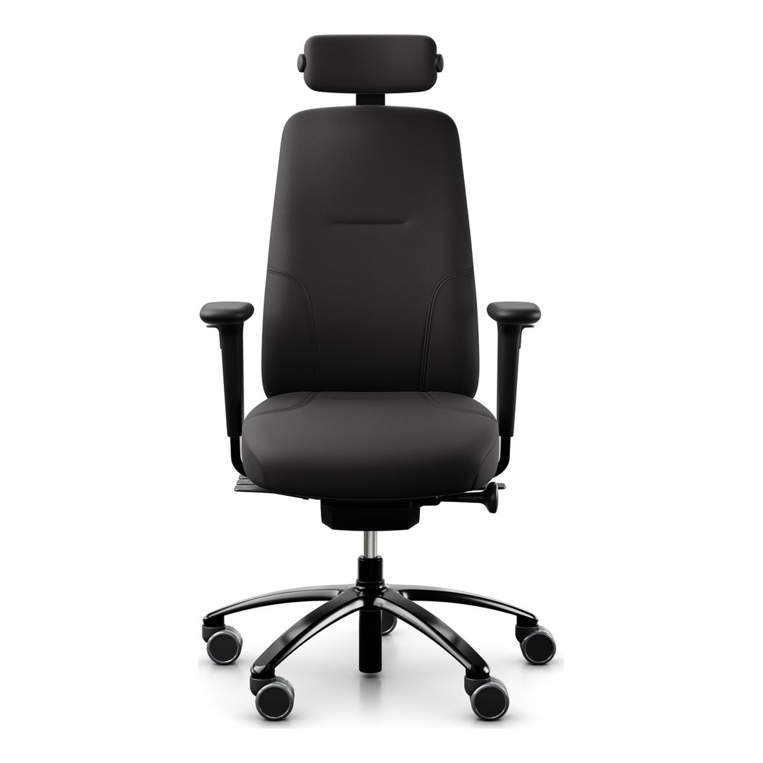 RH Logic 220 Elite in black leather with neckrest, armrests and coat hanger, front three-quarter view - Chair Dinkum Australia