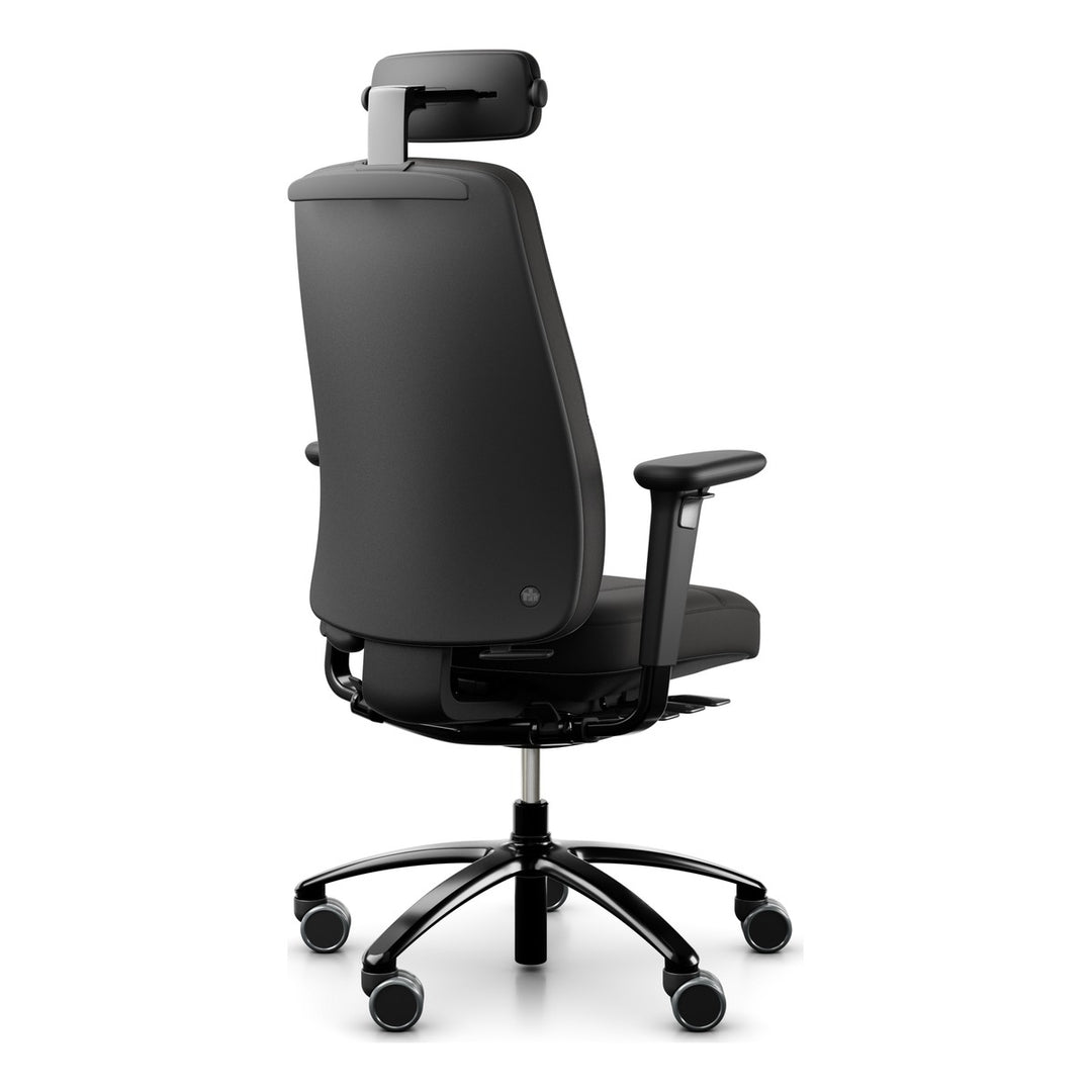 RH Logic 220 Elite in black leather with neckrest, armrests and coat hanger, rear three-quarter view - Chair Dinkum Australia