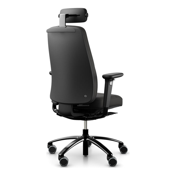 RH Logic 220 Elite in black leather with neckrest, armrests and coat hanger, rear three-quarter view - Chair Dinkum Australia