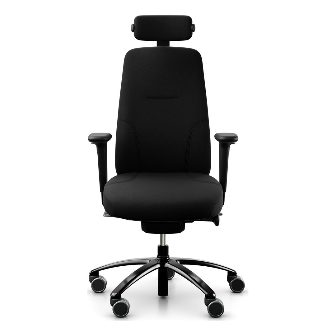 RH Logic 220 Elite with XL seat in black 24/7 fabric, neckrest, armrests and coat hanger, front three-quarter view - Chair Dinkum Australia