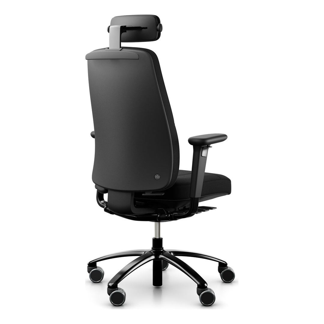 RH Logic 220 Elite with XL seat in black 24/7 fabric, neckrest, armrests and coat hanger, rear three-quarter view - Chair Dinkum Australia
