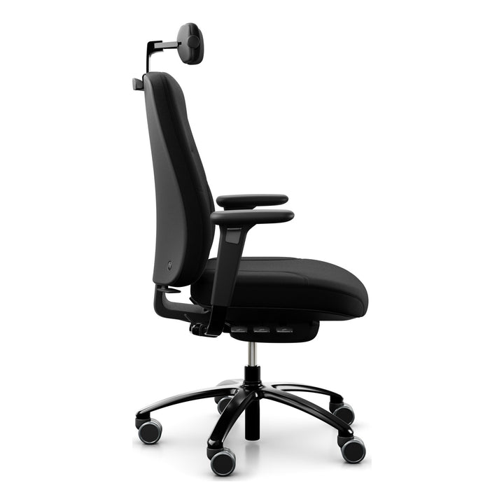 RH Logic 220 Elite with XL seat in black 24/7 fabric, neckrest, armrests and coat hanger, side view - Chair Dinkum Australia