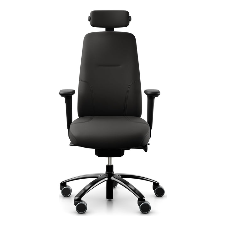 RH Logic 220 Elite with XL seat in black leather, neckrest, armrests and coat hanger, front three-quarter view - Chair Dinkum Australia