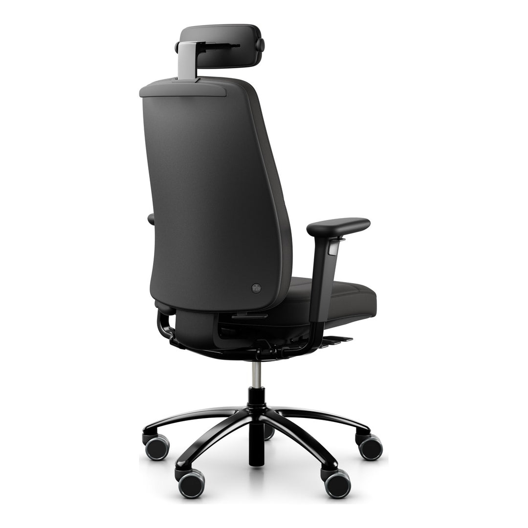 RH Logic 220 Elite with XL seat in black leather, neckrest, armrests and coat hanger, rear three-quarter view - Chair Dinkum Australia