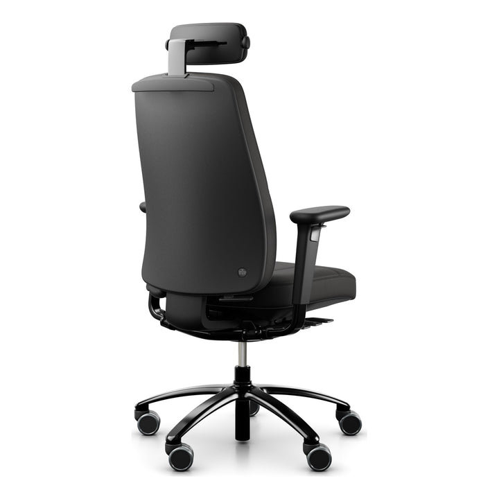 RH Logic 220 Elite with XL seat in black leather, neckrest, armrests and coat hanger, rear three-quarter view - Chair Dinkum Australia