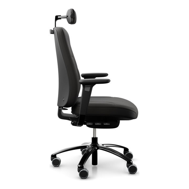 RH Logic 220 Elite with XL seat in black leather, neckrest, armrests and coat hanger, side view - Chair Dinkum Australia