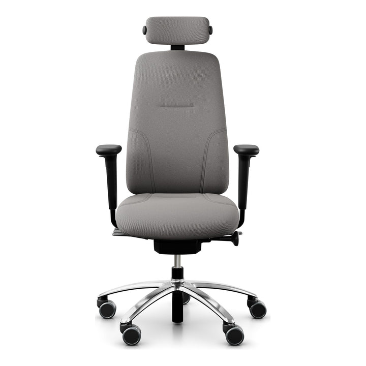 RH Logic 220 with neckrest and armrests on a polished aluminium base, shown in a warm grey fabric close to the stocked ReWool, front three-quarter view - Chair Dinkum Australia