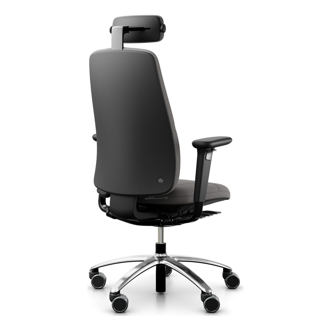 RH Logic 220 with neckrest and armrests on a polished aluminium base, shown in a warm grey fabric close to the stocked ReWool, rear three-quarter view - Chair Dinkum Australia