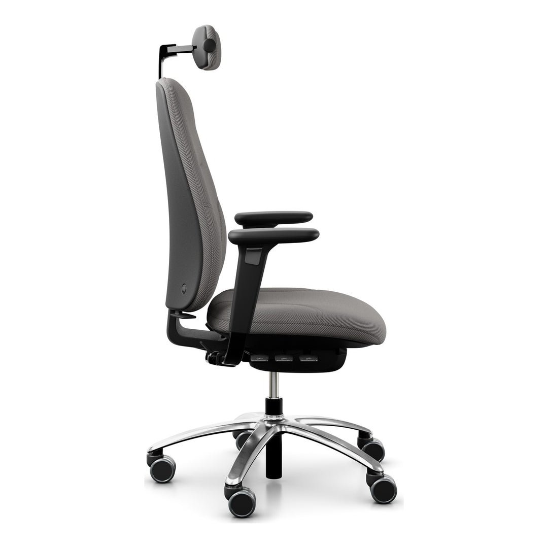 RH Logic 220 with neckrest and armrests on a polished aluminium base, shown in a warm grey fabric close to the stocked ReWool, side view - Chair Dinkum Australia