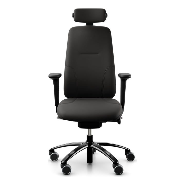RH Logic 220 with XL seat in black leather, neckrest, armrests and black base, front three-quarter view - Chair Dinkum Australia