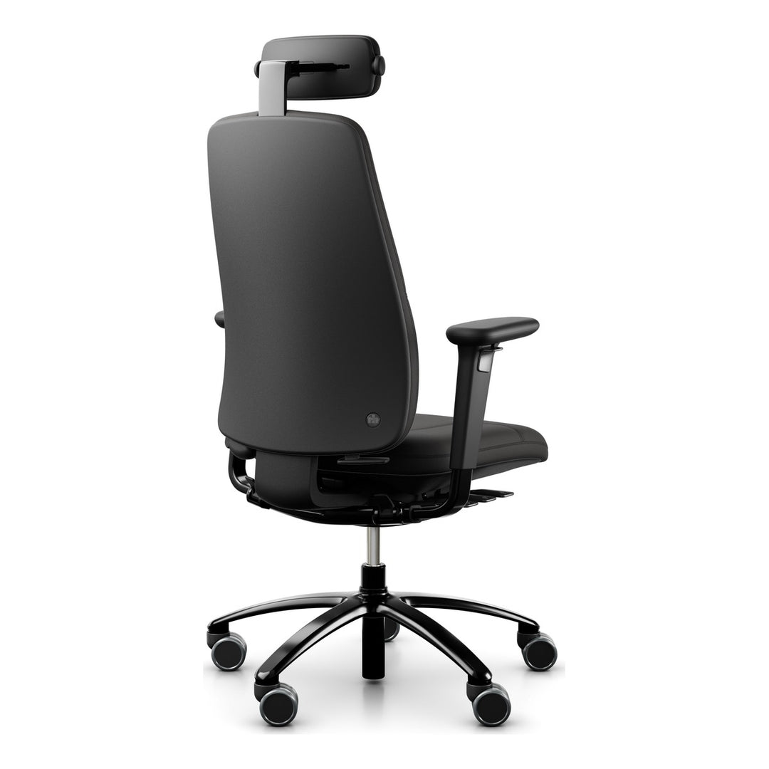 RH Logic 220 with XL seat in black leather, neckrest, armrests and black base, rear three-quarter view - Chair Dinkum Australia