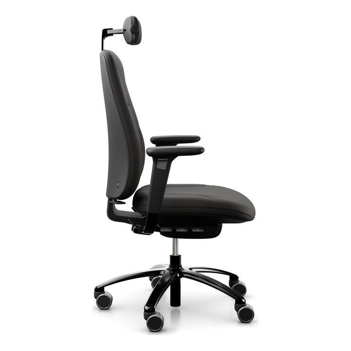 RH Logic 220 with XL seat in black leather, neckrest, armrests and black base, side view - Chair Dinkum Australia