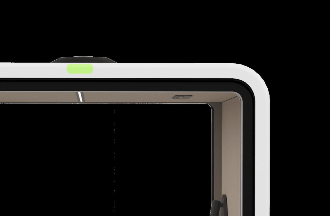 Corner of a SoundBox VRT pod frame with the green occupancy light lit - Chair Dinkum Australia
