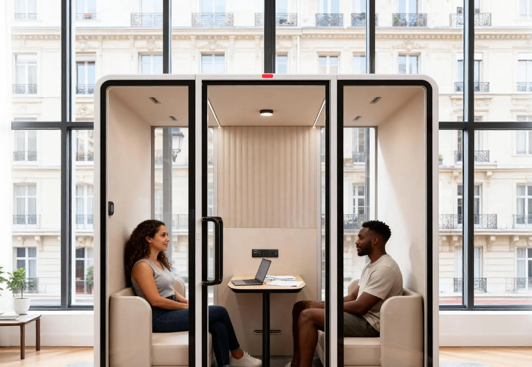 Two people talking across the table inside a SoundBox VRT L meeting pod - Chair Dinkum Australia