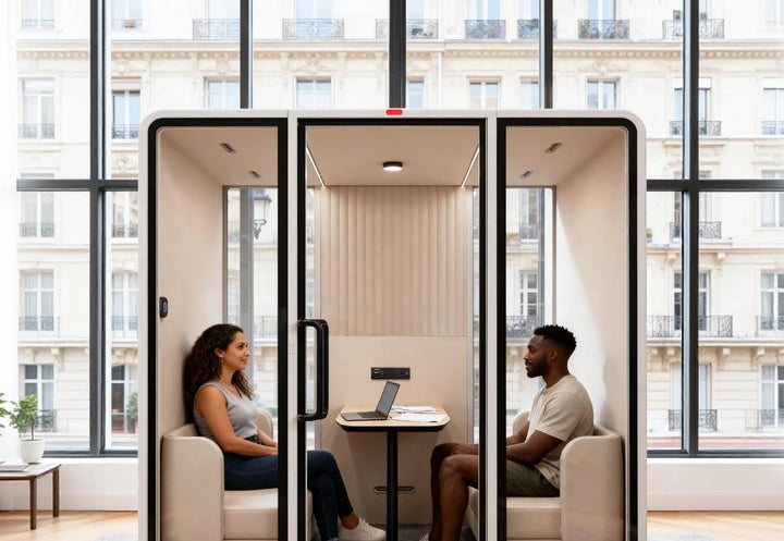 Two people talking across the table inside a SoundBox VRT L meeting pod - Chair Dinkum Australia