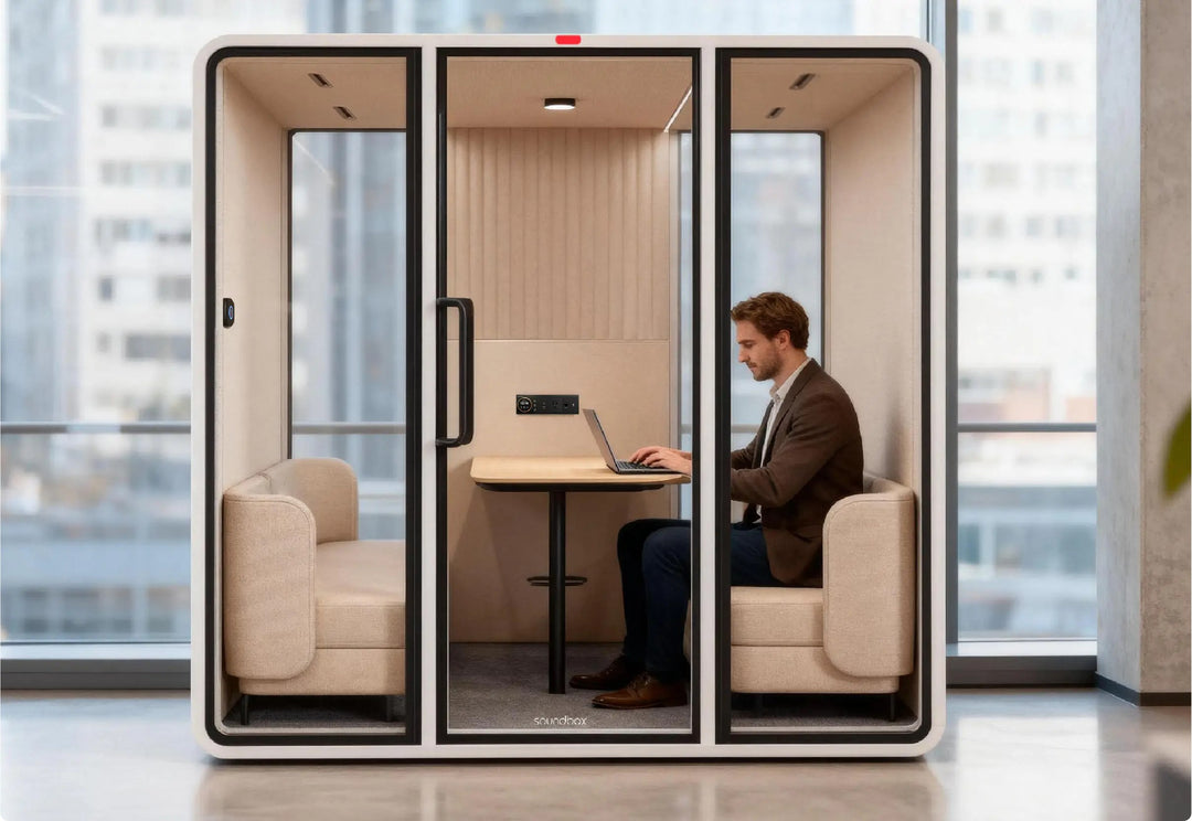 Man working on a laptop at the table inside a SoundBox VRT L meeting pod - Chair Dinkum Australia