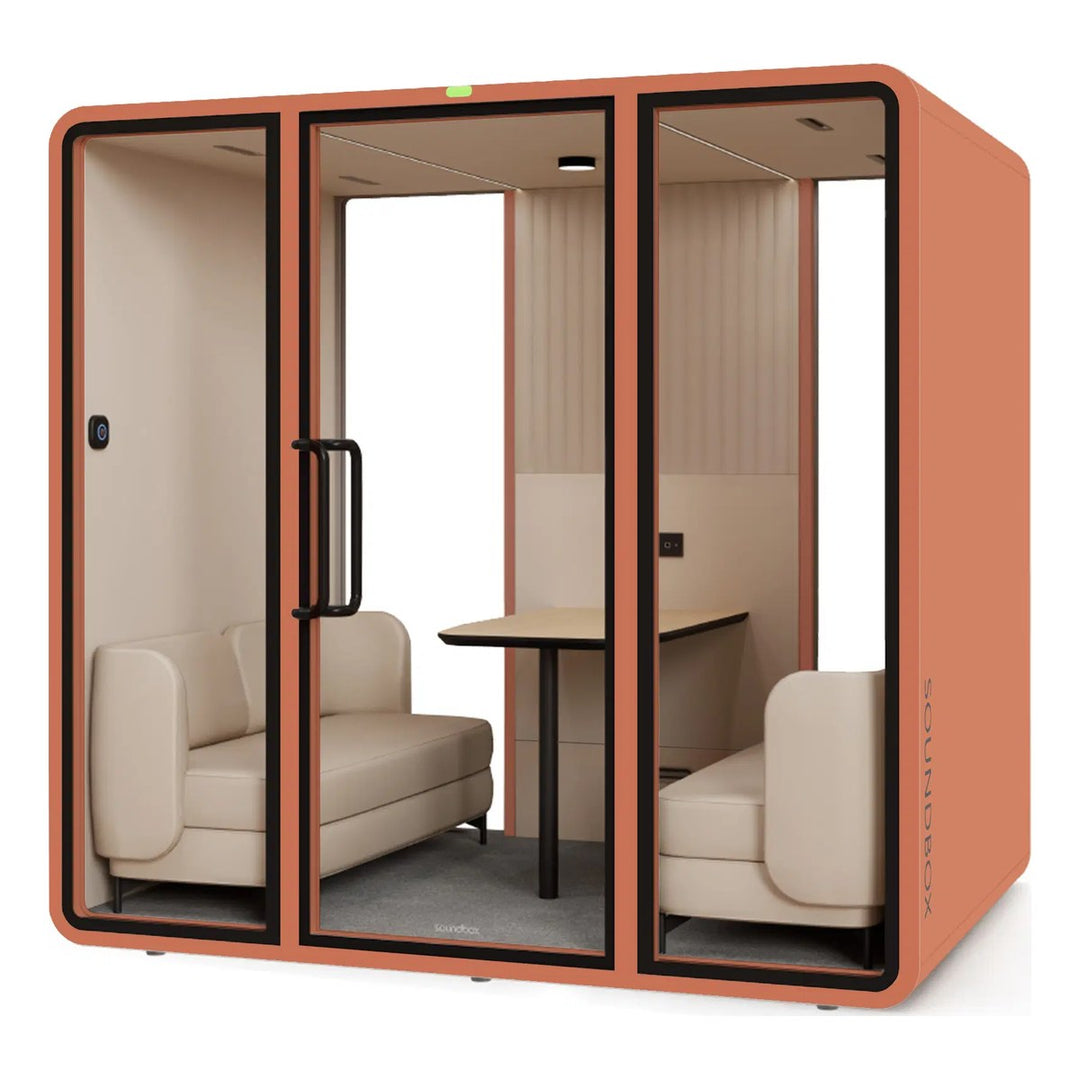 SoundBox VRT L meeting pod in Dynamic Orange with a glass back (VRT) - Chair Dinkum Australia