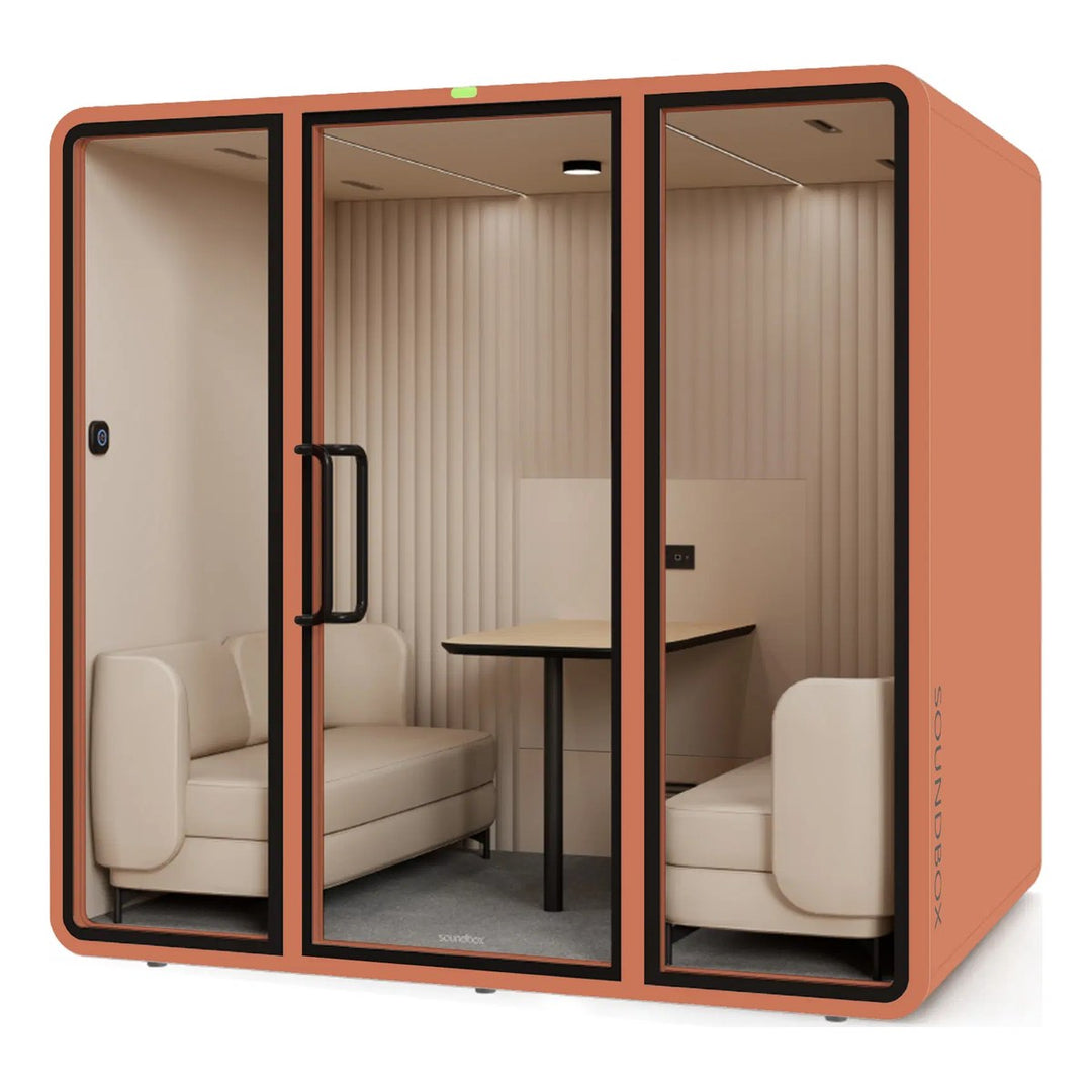 SoundBox VRT L meeting pod in Dynamic Orange with a solid back (VRT+) - Chair Dinkum Australia