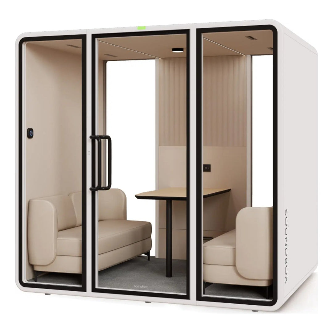 SoundBox VRT L meeting pod in Frost White with a glass back (VRT) - Chair Dinkum Australia