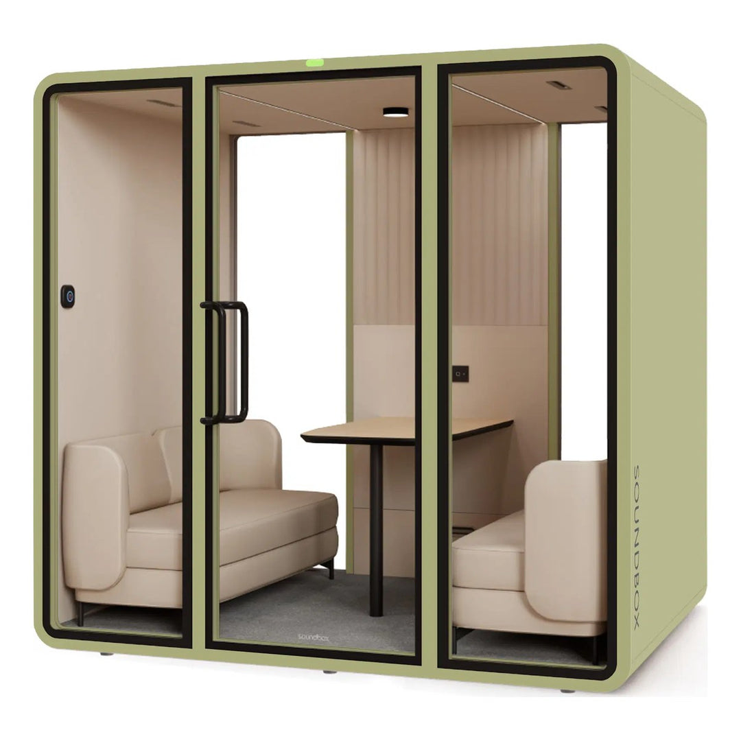 SoundBox VRT L meeting pod in Light Green with a glass back (VRT) - Chair Dinkum Australia