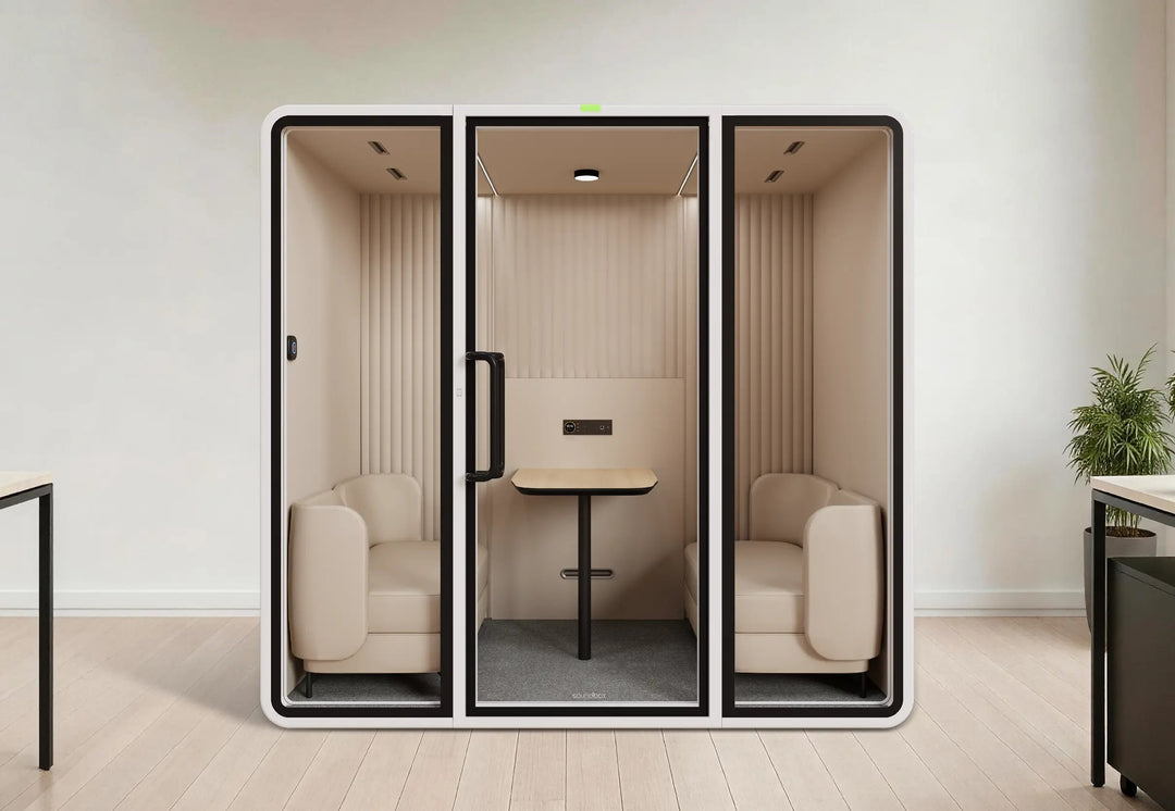 SoundBox VRT meeting pod with two sofas and a table, front view in a bright room - Chair Dinkum Australia