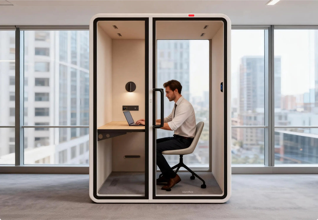 Man working at the desk inside a SoundBox VRT M work booth - Chair Dinkum Australia