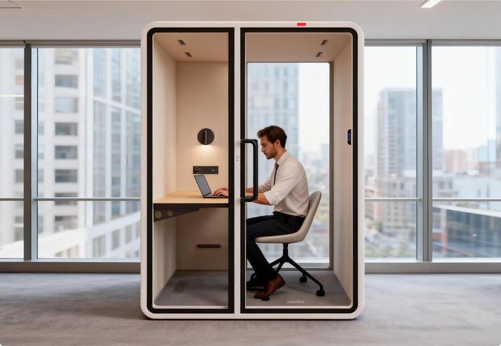 Man working at the desk inside a SoundBox VRT M work booth - Chair Dinkum Australia