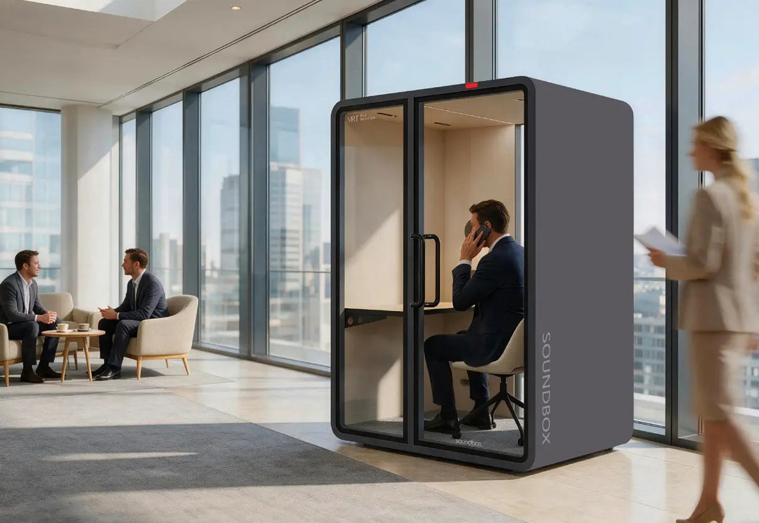 Man on a call inside a charcoal SoundBox VRT M work booth in an office - Chair Dinkum Australia