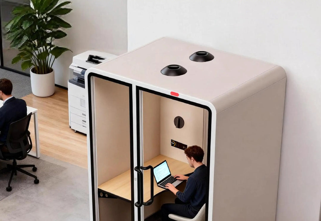 Overhead view of a person working inside a SoundBox VRT M work booth - Chair Dinkum Australia