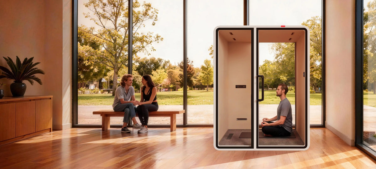 SoundBox VRT pod with a glass back beside a window onto a park - Chair Dinkum Australia - Chair Dinkum