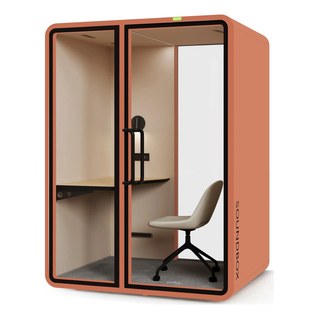 SoundBox VRT M work booth in Dynamic Orange with a glass back (VRT) - Chair Dinkum Australia