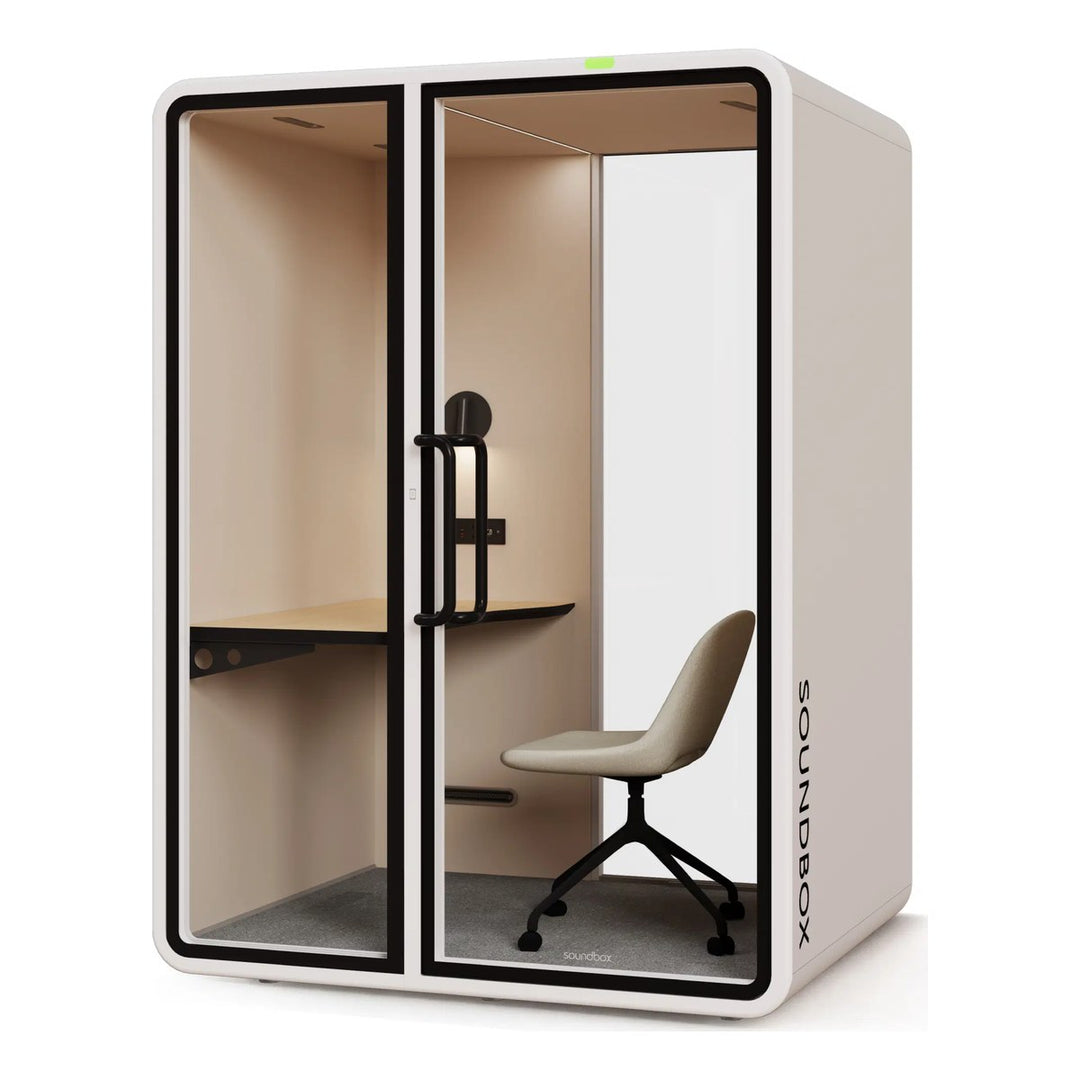 SoundBox VRT M work booth in Pale Grey with a glass back (VRT) - Chair Dinkum Australia