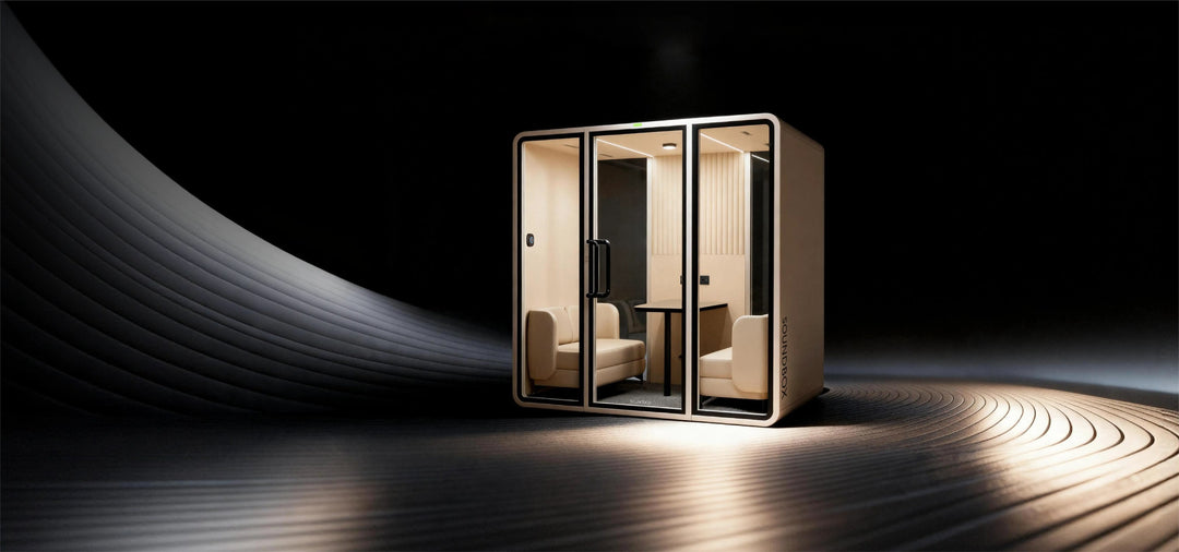 SoundBox VRT ML meeting pod lit in a dark studio - Chair Dinkum Australia