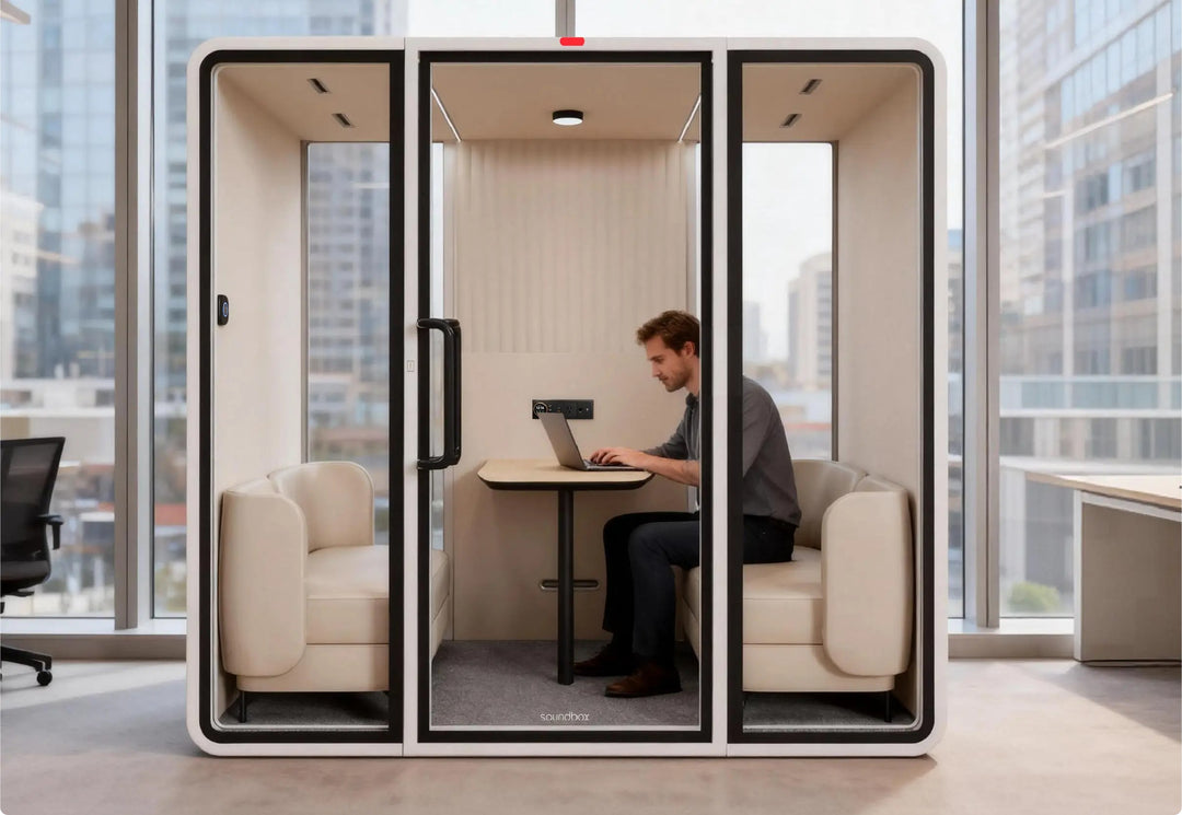 Man working on a laptop at the table inside a SoundBox VRT ML meeting pod - Chair Dinkum Australia