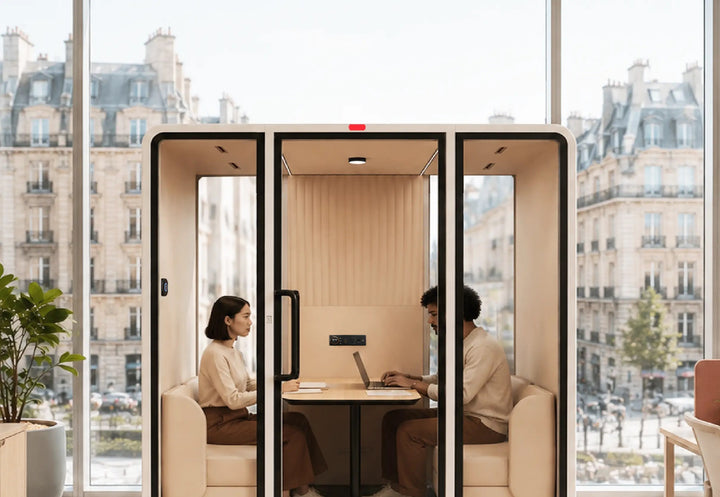 Two women meeting inside a SoundBox VRT ML pod in front of a city window - Chair Dinkum Australia