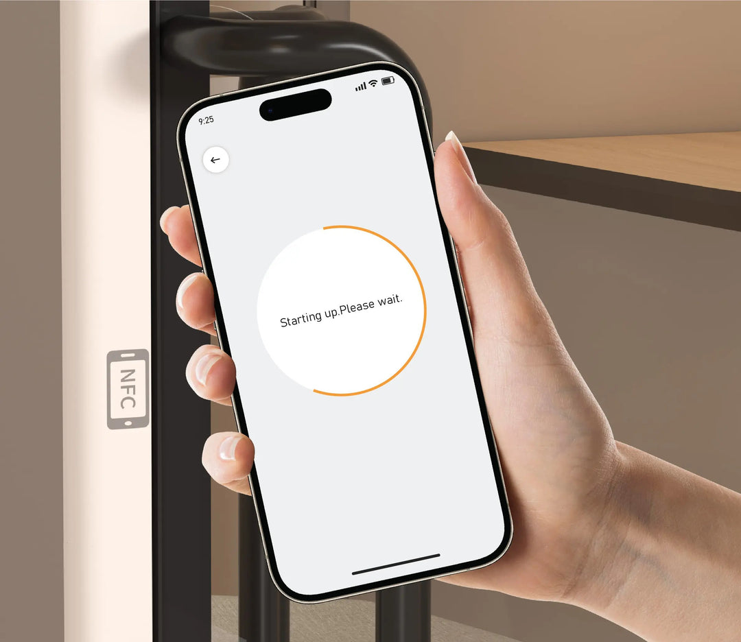 Hand holding a phone to the NFC reader beside a SoundBox VRT pod door - Chair Dinkum Australia