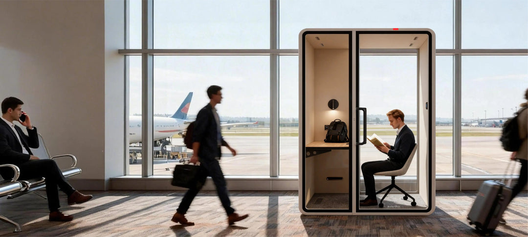 SoundBox VRT booths in an airport lounge with travellers walking past - Chair Dinkum Australia