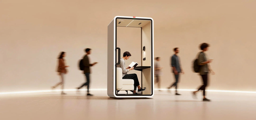 Person working inside a SoundBox VRT booth as people walk past - Chair Dinkum Australia